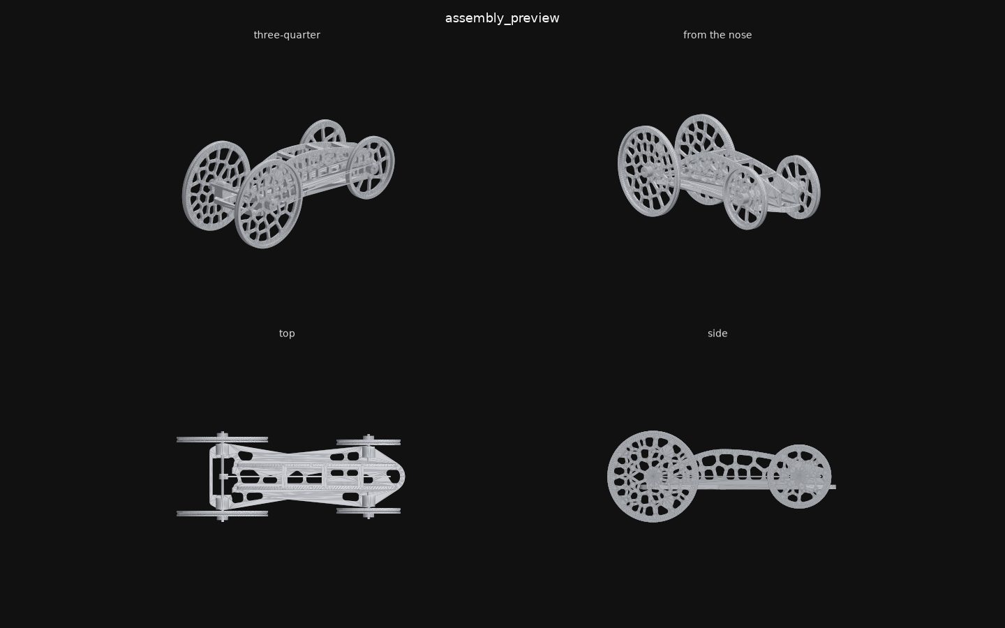 Render of the first car, a flat lattice floor on four wheels